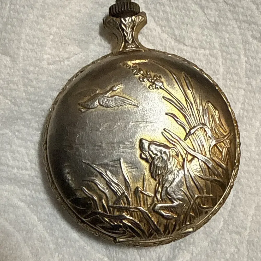 Vintage - Swiss Made - JC Penny Mechanical Wind Up Pocket Watch - Duck Hunt Dog - Picture 1 of 16